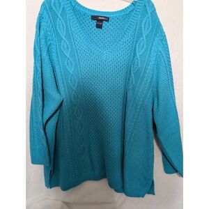 Denim 24/7 Womens Plus Size 3X Turquoise Blue Cable Knit V-Neck Pullover Sweater